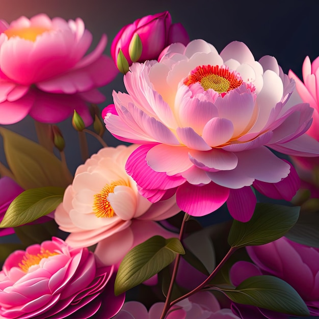 Rosa Pfingstrosenblüten Tapetenhintergrund Schöne Blumen Pfingstrosen 3D-Illustration