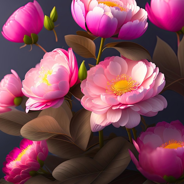 Rosa Pfingstrosenblüten Tapetenhintergrund Schöne Blumen Pfingstrosen 3D-Illustration