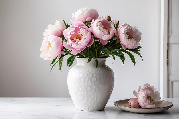 Rosa Pionen in einer weißen Vase in einem weißen Innenraum