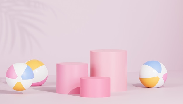 Rosa Podeste oder Podeste für Produkte oder Werbung auf tropischem Hintergrund mit Wasserbällen, 3D-Rendering