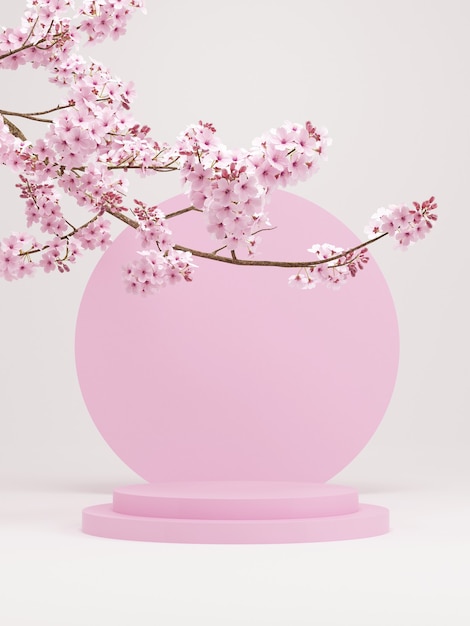 Foto rosa podium und kirschblüte mit weißem hintergrund für die produktpräsentation3d-rendering