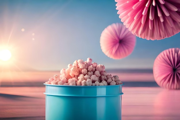 Rosa Popcorn in einem hellblauen Eimer, erstellt mit generativer KI-Technologie