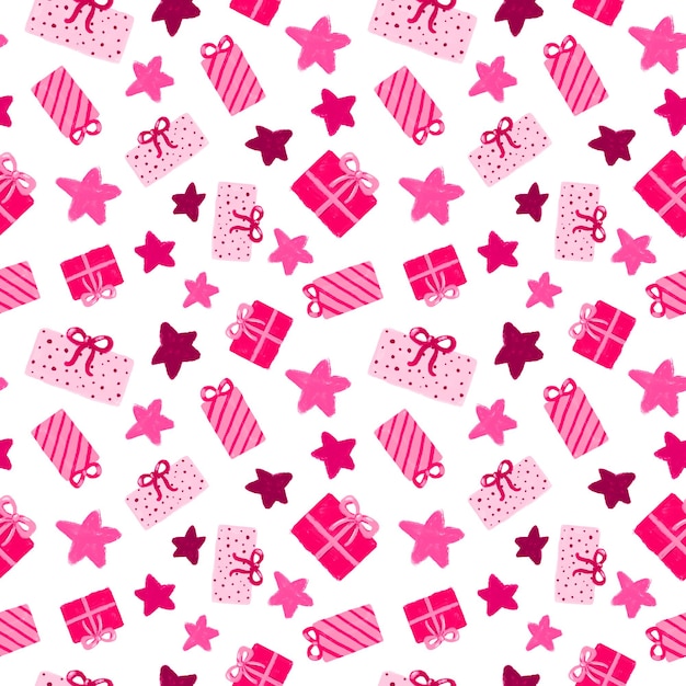 Foto rosa presenta estrellas sobre fondo blanco de patrones sin fisuras caja de regalo repetir impresión diseño de vacaciones