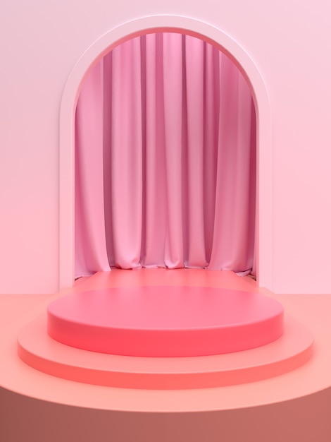 Rosa Produktbühne oder Podium mit Vorhang für Bannerwerbung oder Schaufenster. 3D-Illustration