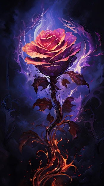 Foto rosa púrpura ardiente en fuego sobre un fondo de fantasía