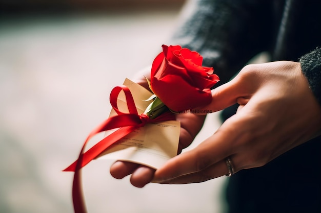 Rosa roja de amor Manos cautivadoras sosteniendo un símbolo de afecto con una nota de amor adjunta