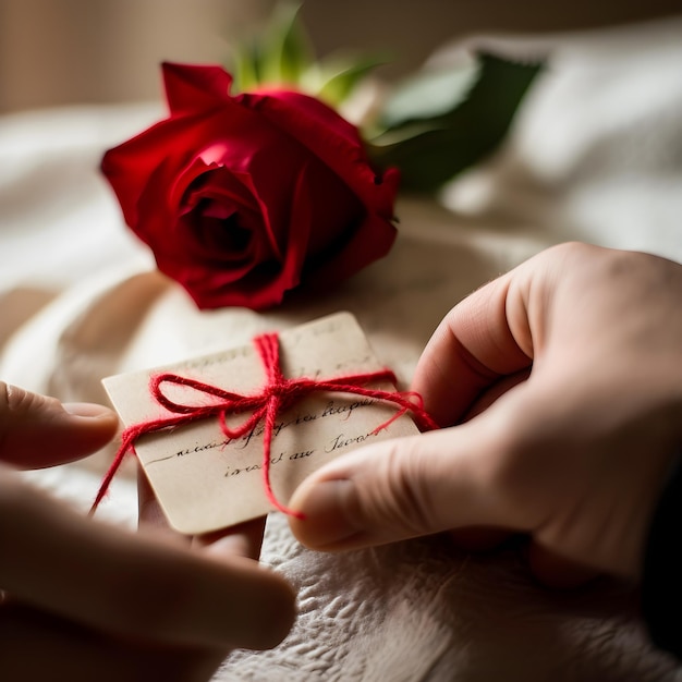 Rosa roja de amor Manos cautivadoras sosteniendo un símbolo de afecto con una nota de amor adjunta