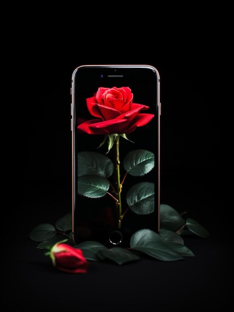 una rosa roja con un anillo en ella está en un caso con una rosa en ella.