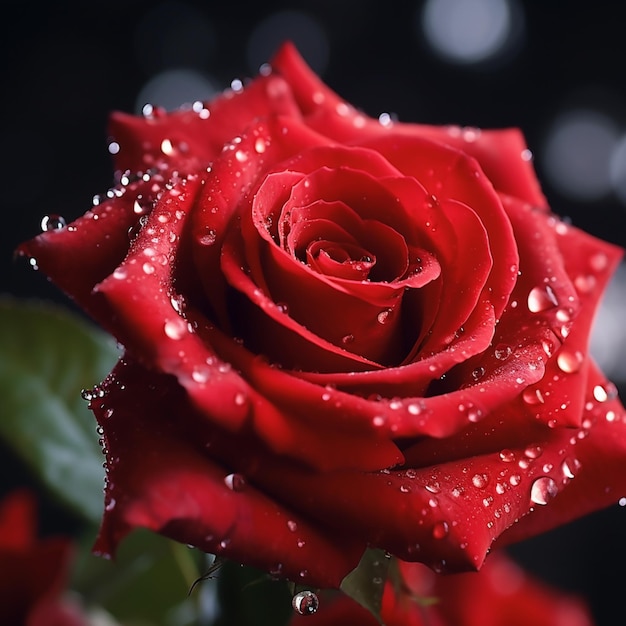 Rosa roja Arafed con gotas de agua en un cuarto oscuro ai generativo
