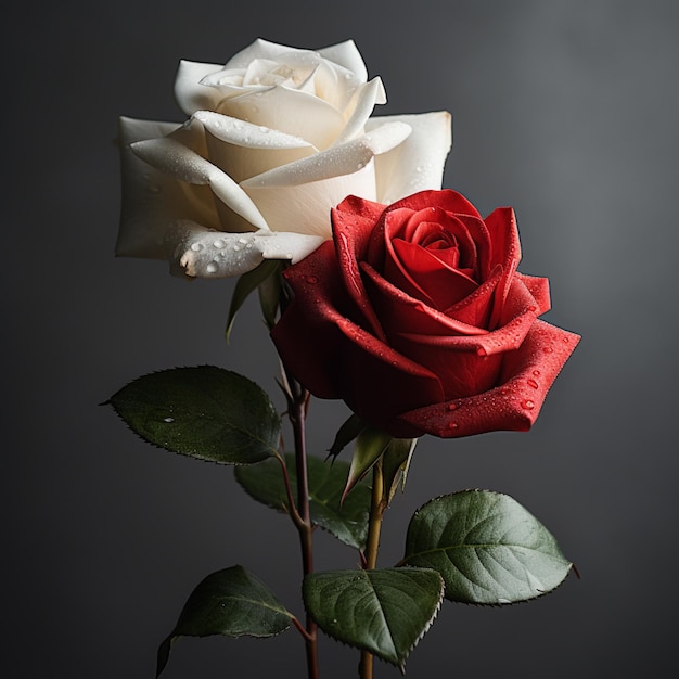 Una rosa roja y blanca con un fondo oscuro.