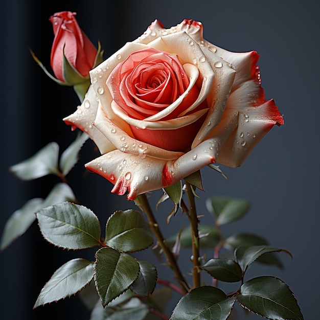 Una rosa roja y blanca con gotas de lluvia