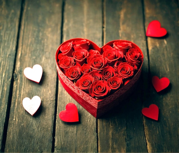rosa roja con caja de corazón de papel rojo y fondo de madera