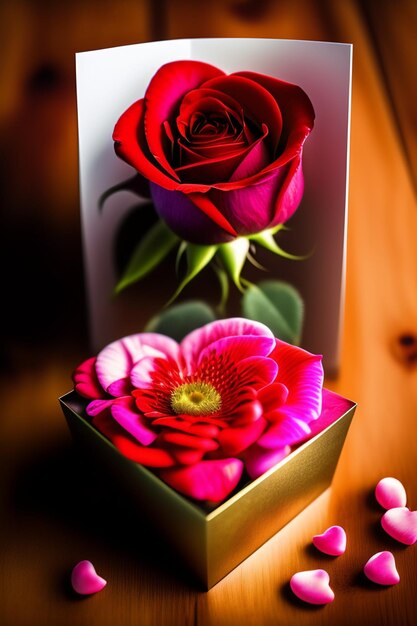Rosa roja en la caja de regalo de flores de tarjeta de mesa para el Día de la Madre y el Día de San Valentín