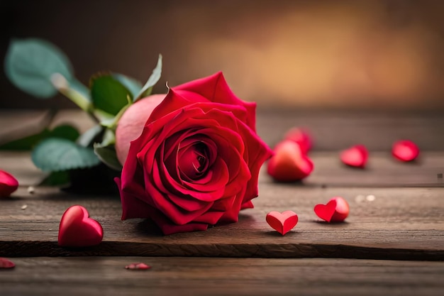 una rosa roja con corazones en una mesa de madera