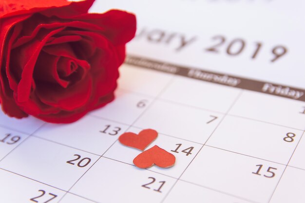 Rosa roja y corazones rojos en la página del calendario