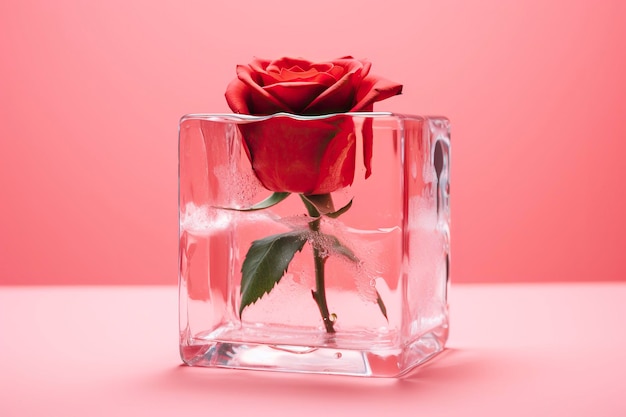 Rosa roja en cubo de hielo sobre un fondo rosa con espacio de copia