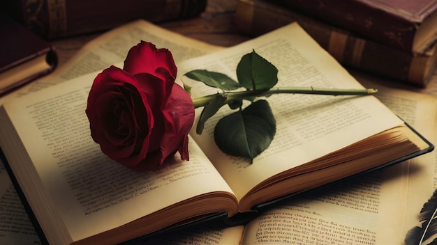 Rosa roja dentro de un libro abierto