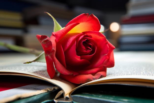 Una rosa roja destacada en un libro