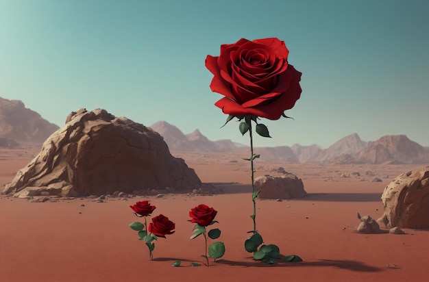 Una rosa roja está en el desierto al fondo y un paisaje desértico con rocas IA generativa