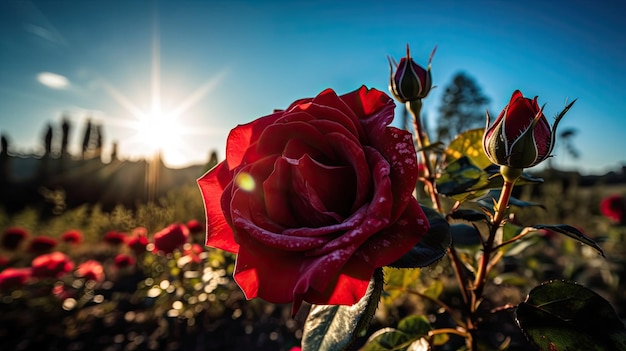 Una rosa roja está floreciendo al sol.