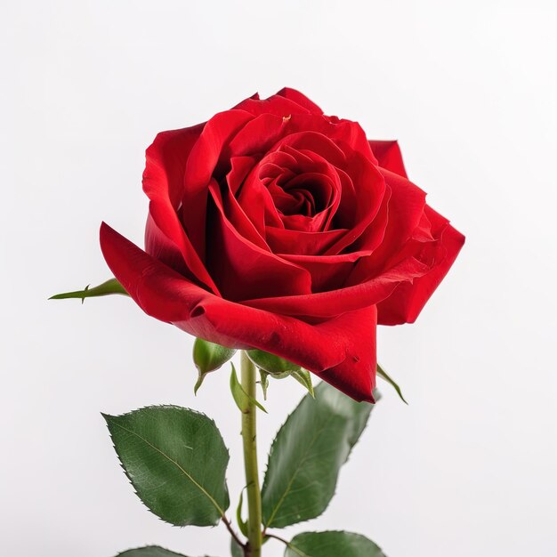 Una rosa roja está frente a un fondo blanco.