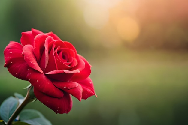 Una rosa roja está en primer plano de un campo verde.
