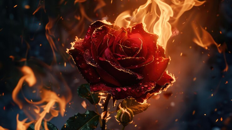 Una rosa roja está rodeada de fuego creando una escena dramática e intensa