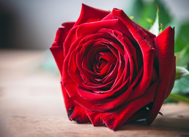 Una rosa roja está sobre una mesa con una hoja verde.