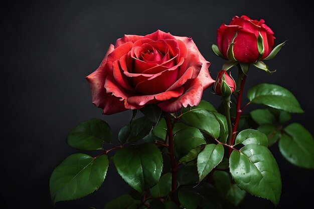 Una rosa roja en flor con hojas verdes