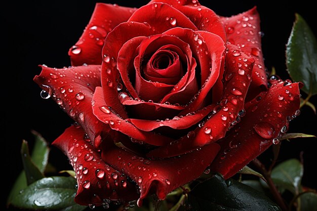 Rosa roja con gotas de agua aislada premium
