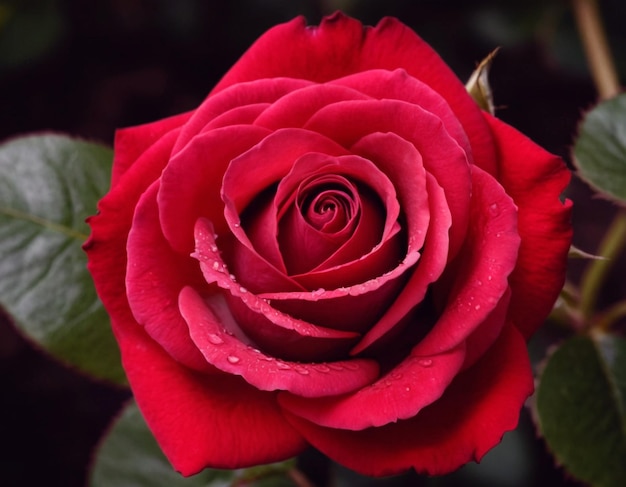 una rosa roja con gotas de agua en ella