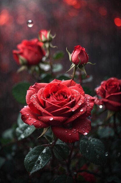 una rosa roja con gotas de agua en ella