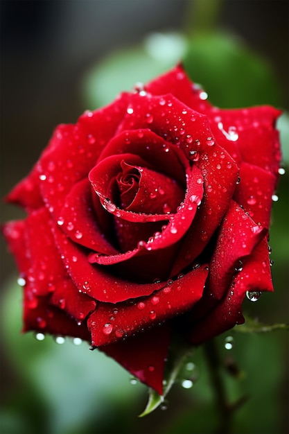 Rosa roja con gotas de agua generadas por IA