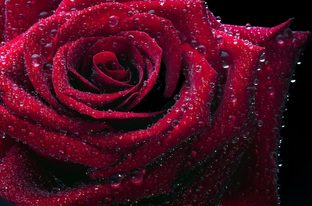 Una rosa roja con gotas de agua