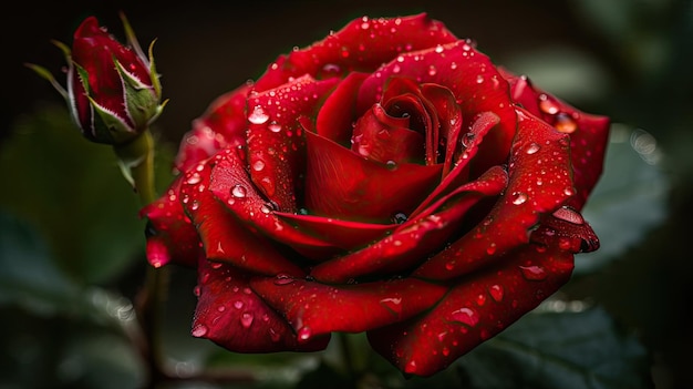 Una rosa roja con gotas de agua