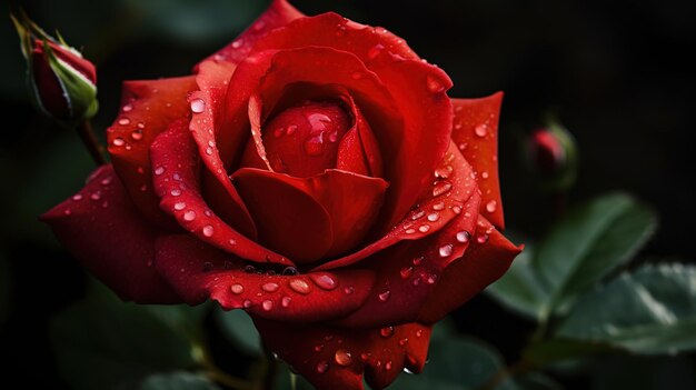 Una rosa roja con gotas de agua