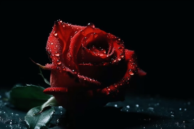 Una rosa roja con gotas de agua