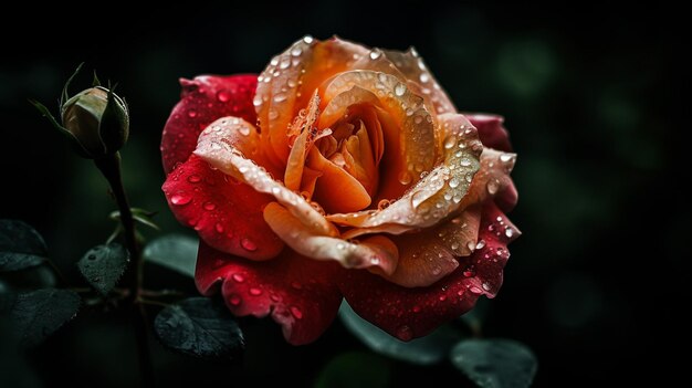 Una rosa roja con gotas de agua