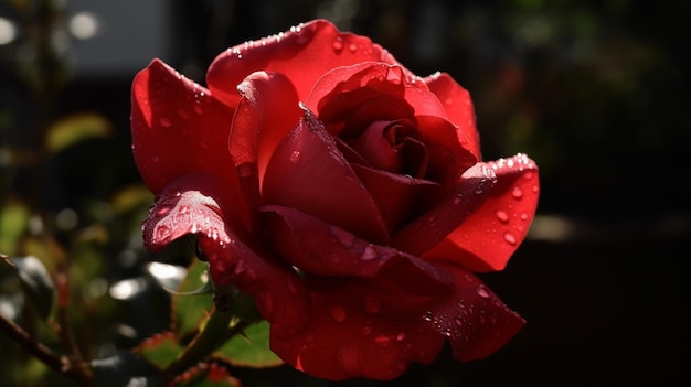 Una rosa roja con gotas de agua