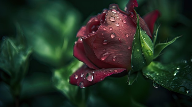 Una rosa roja con gotas de agua