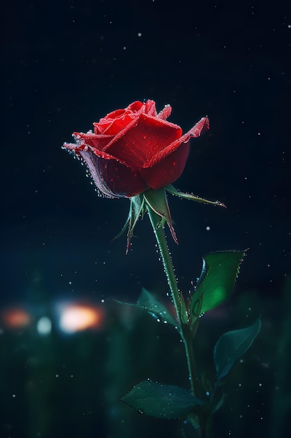 Una rosa roja con gotas de agua