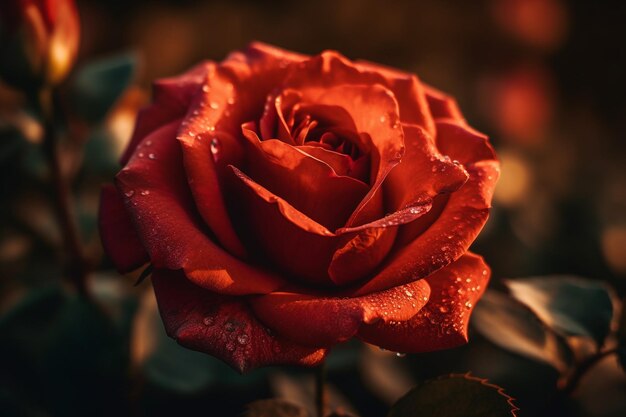 Una rosa roja con gotas de agua