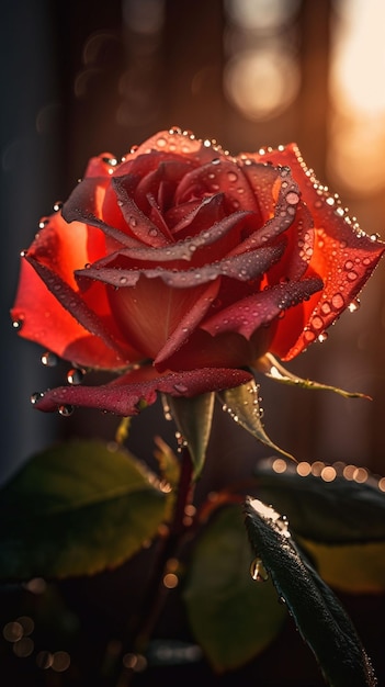 Una rosa roja con gotas de agua