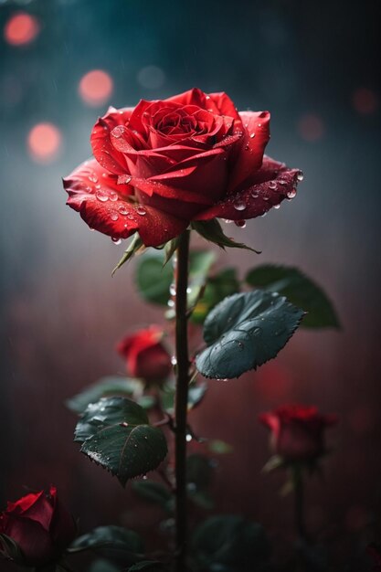 una rosa roja con gotas de agua