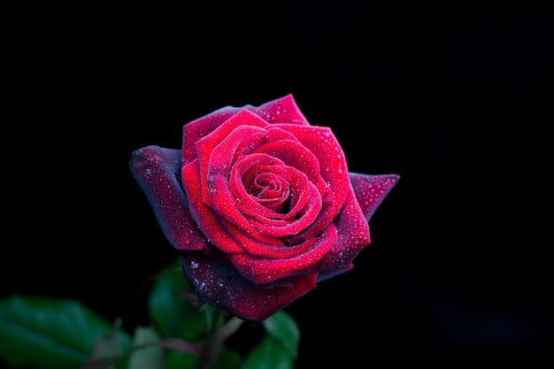 Rosa roja en gotas de lluvia aisladas sobre fondo negro