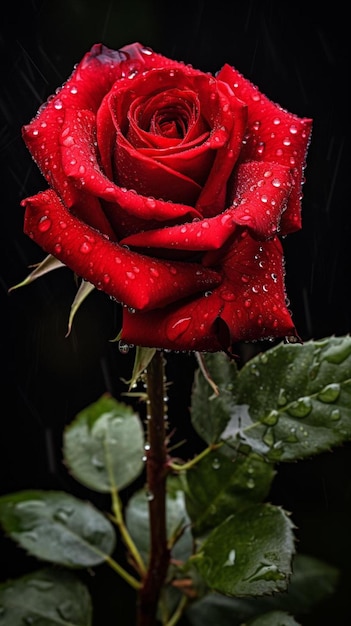 una rosa roja con gotas de lluvia en ella