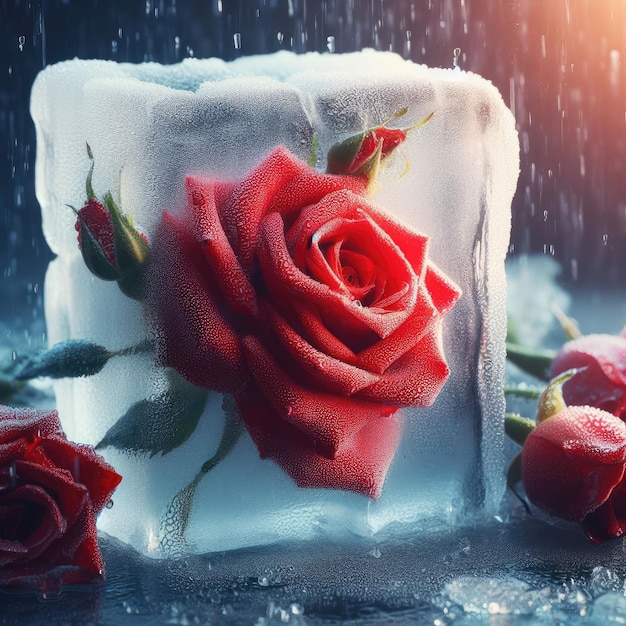 rosa roja en hielo