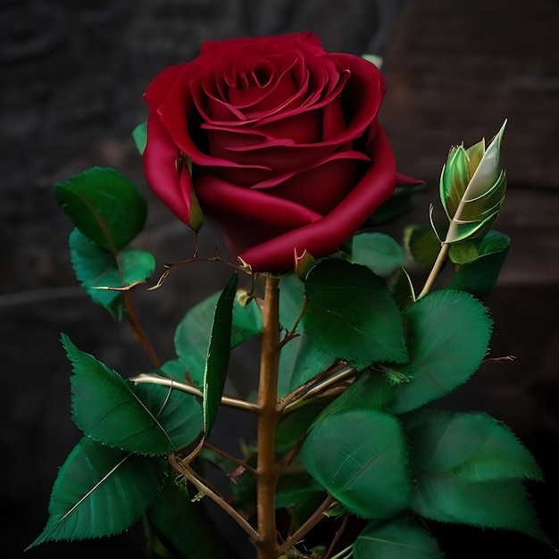 Una rosa roja con hojas verdes y un fondo oscuro.