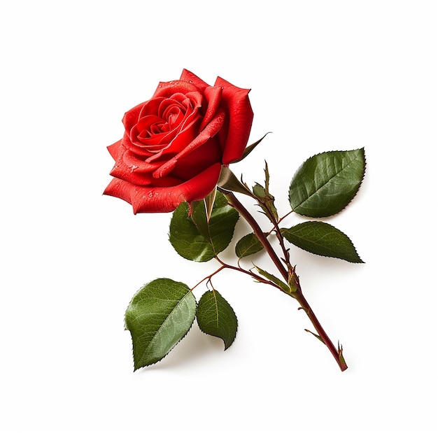Una rosa roja con hojas verdes sobre un fondo blanco.