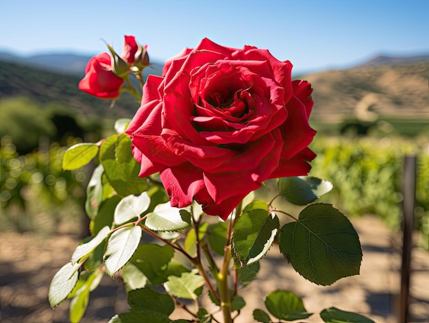 Una rosa roja con hojas verdes